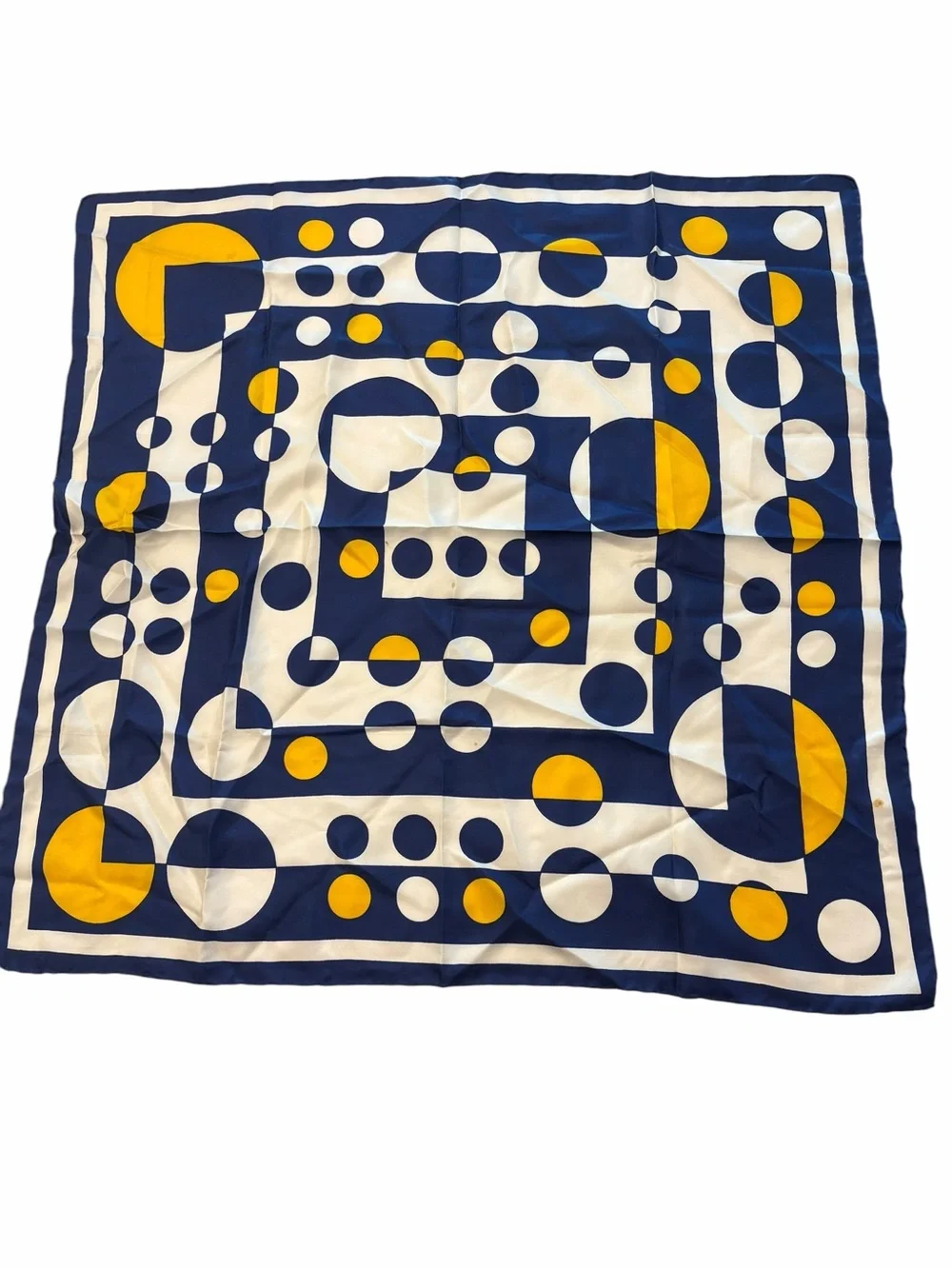 Silk Scarf Hand Rolled Edges 26” Blue Yellow White Geometric Dots STAINS Italy